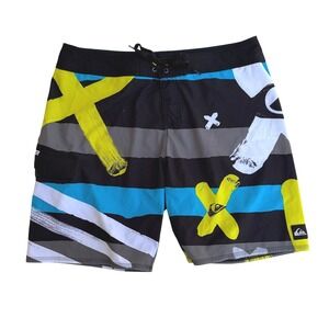 Quiksilver Mens Board Shorts Black Blue Yellow Abstract Graphic Swim Trunks 38